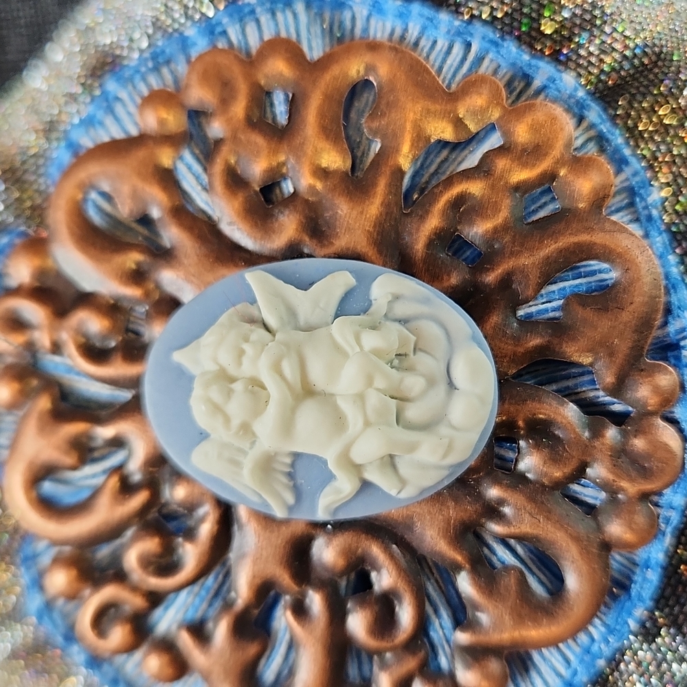 HANDMADE Cherub angels resin cameo ornament, blue, white, copper, silver. NEW!!